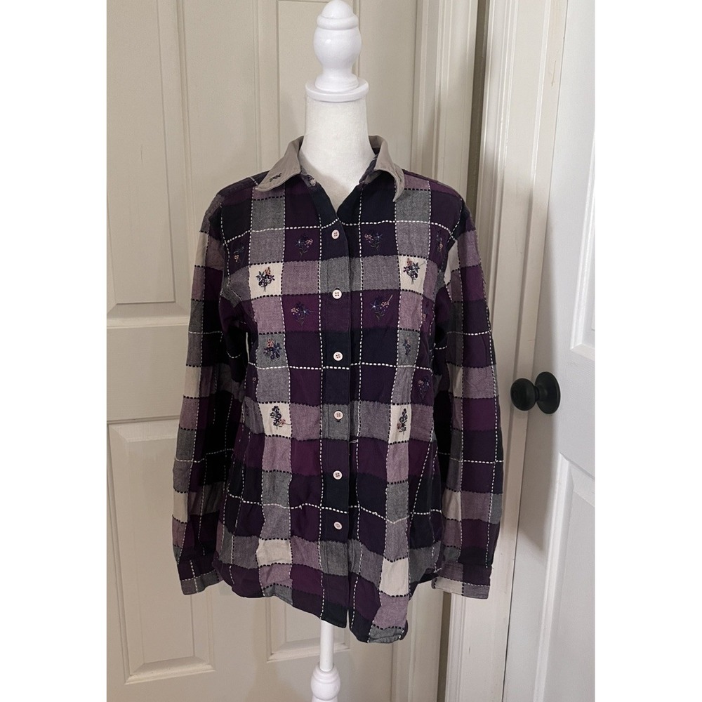 Bobby Brooks Purple Plaid Embroidered Floral Button Up Flannel Cottage Women's M